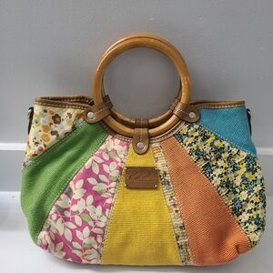 Kim Rogers Woven Patchwork Floral Bamboo Handles Spring Summer Handbag Purse